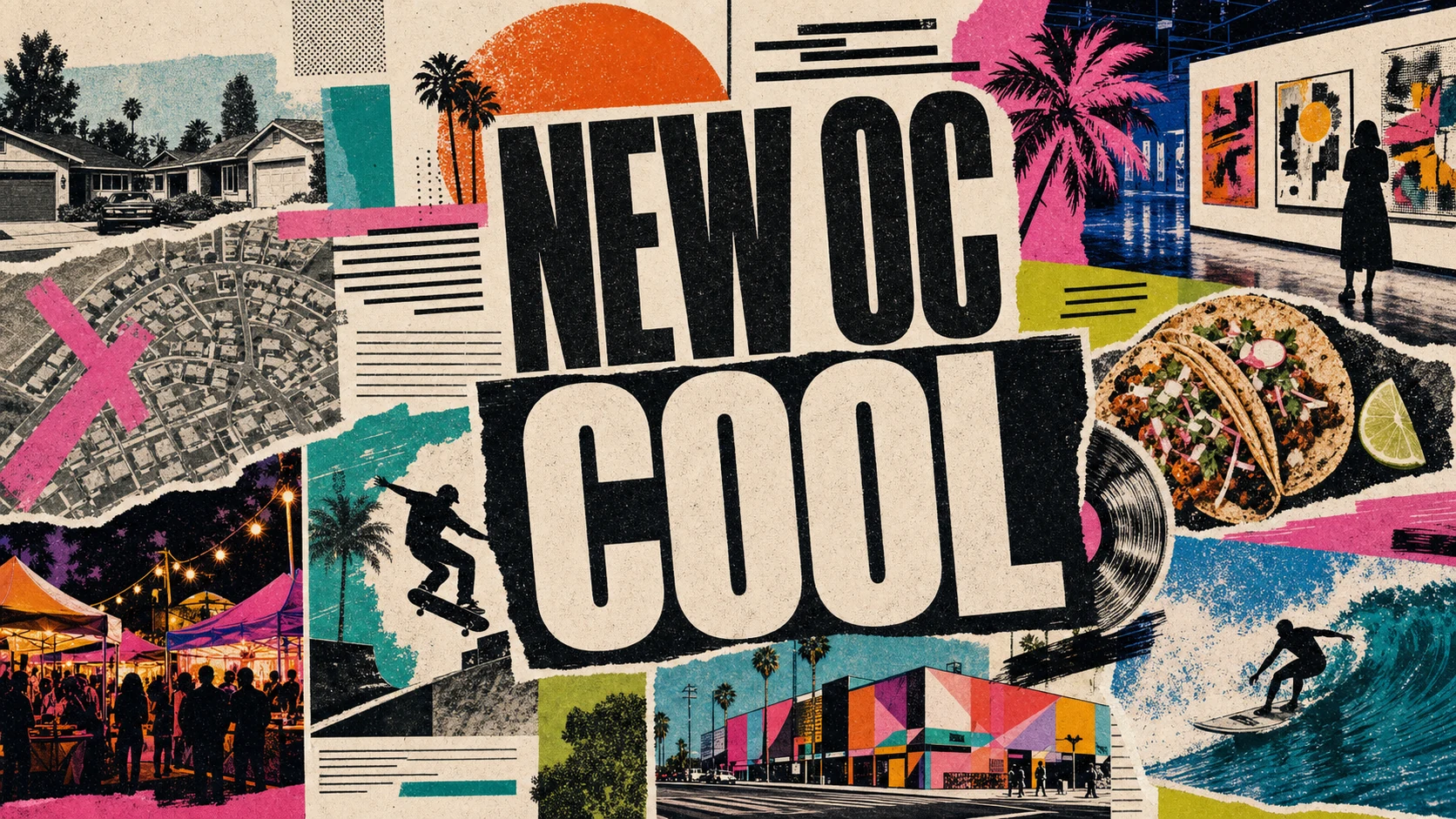 Editorial illustration of modern Orange County culture, with food halls, surf and street style, and a contemporary skyline.