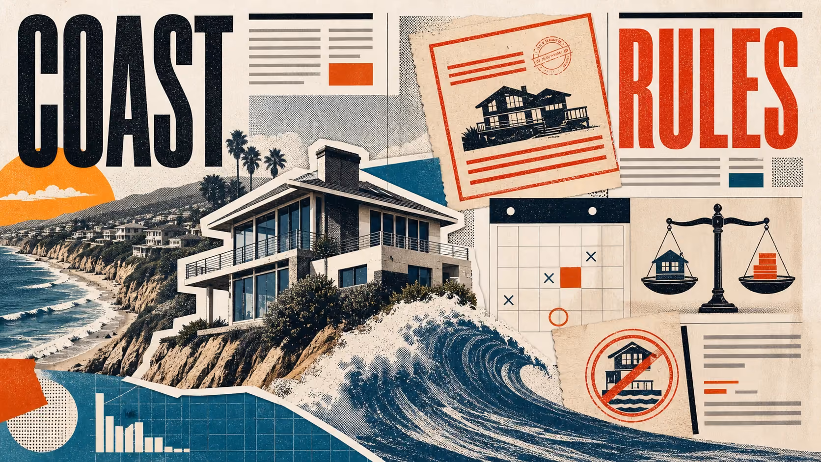 Editorial illustration of the Orange County coastline showing evolving beach culture, surfers, beach homes, and the Pacific shoreline.