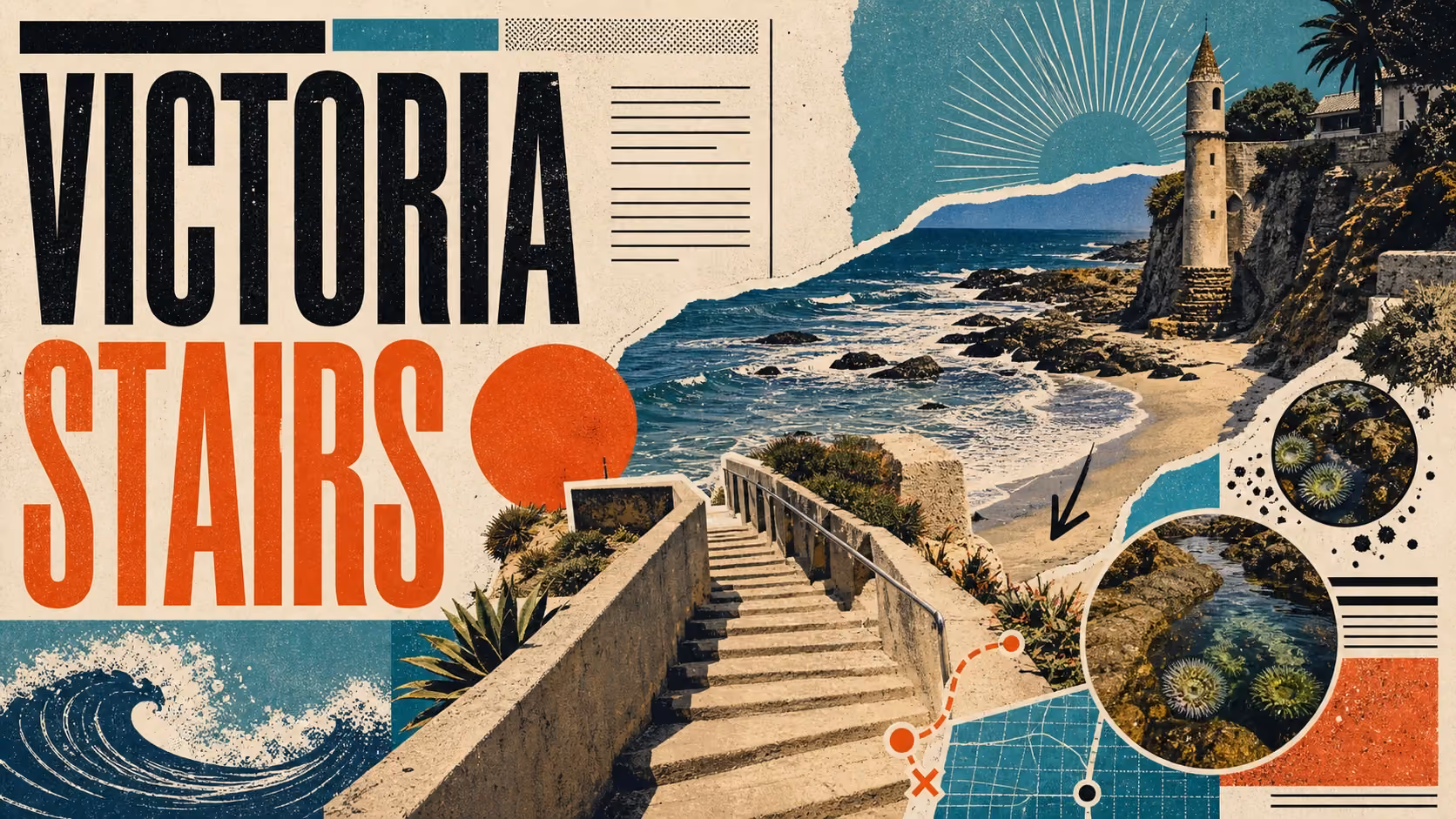 Editorial illustration of Victoria Beach in Laguna with the iconic Pirate Tower, cliffs, and tide pools.