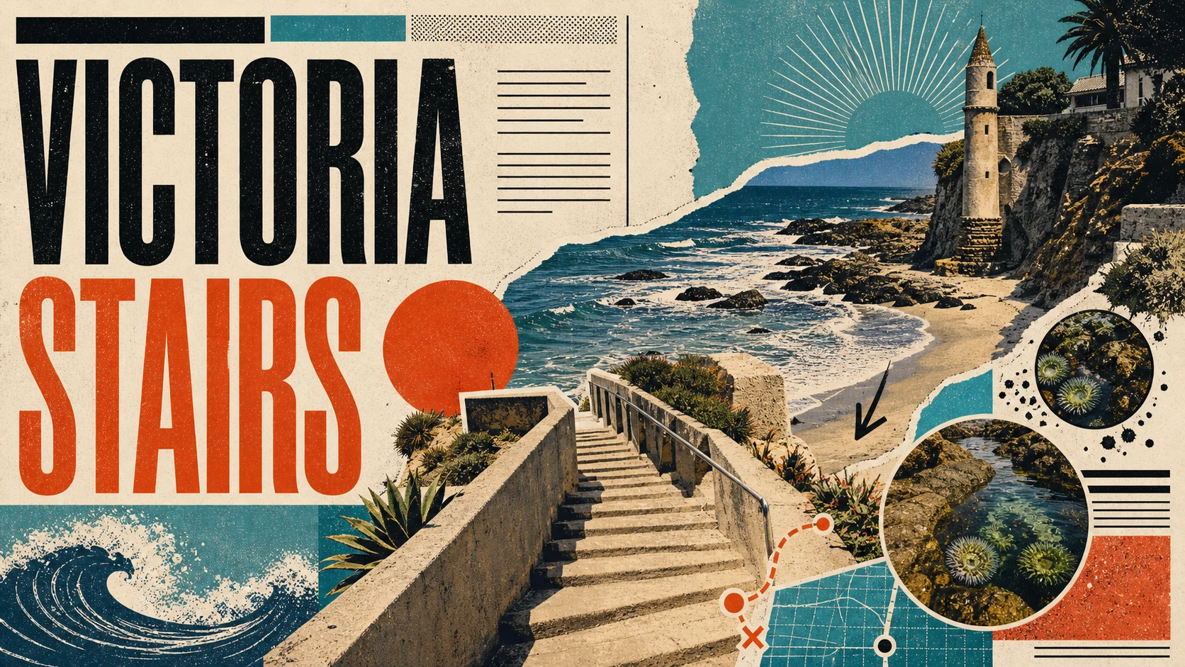 Editorial illustration of Victoria Beach in Laguna with the iconic Pirate Tower, cliffs, and tide pools.