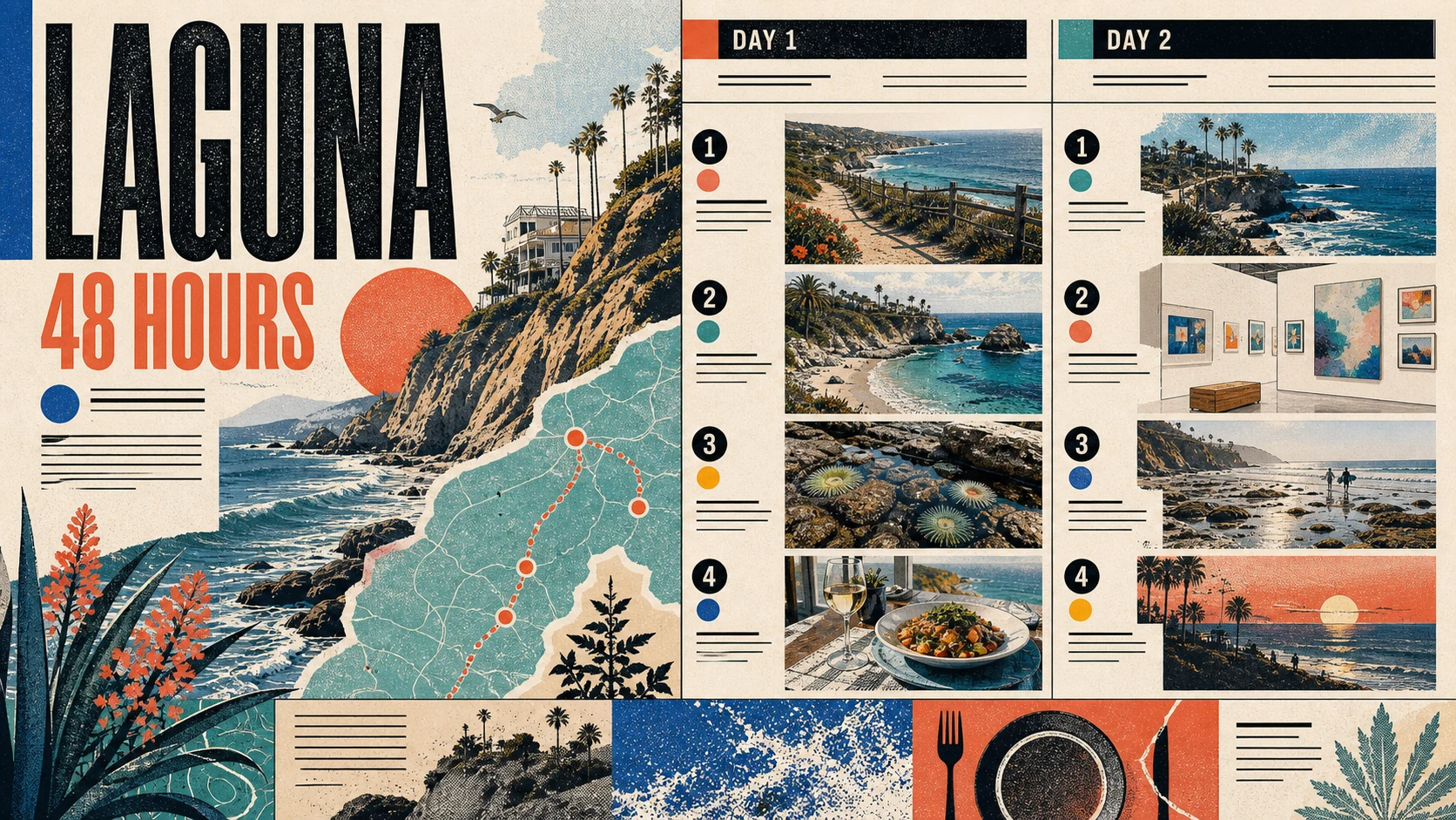 Editorial illustration of a weekend in Laguna Beach, with Main Beach, the boardwalk, and the Pacific coastline.