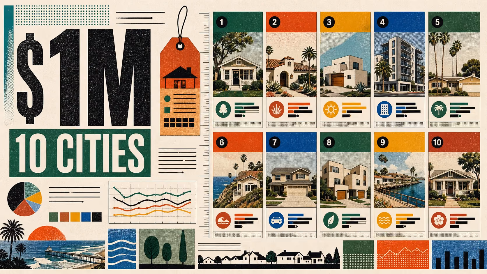 Editorial illustration of ten Orange County cities and the homes a one million dollar budget can buy in each.