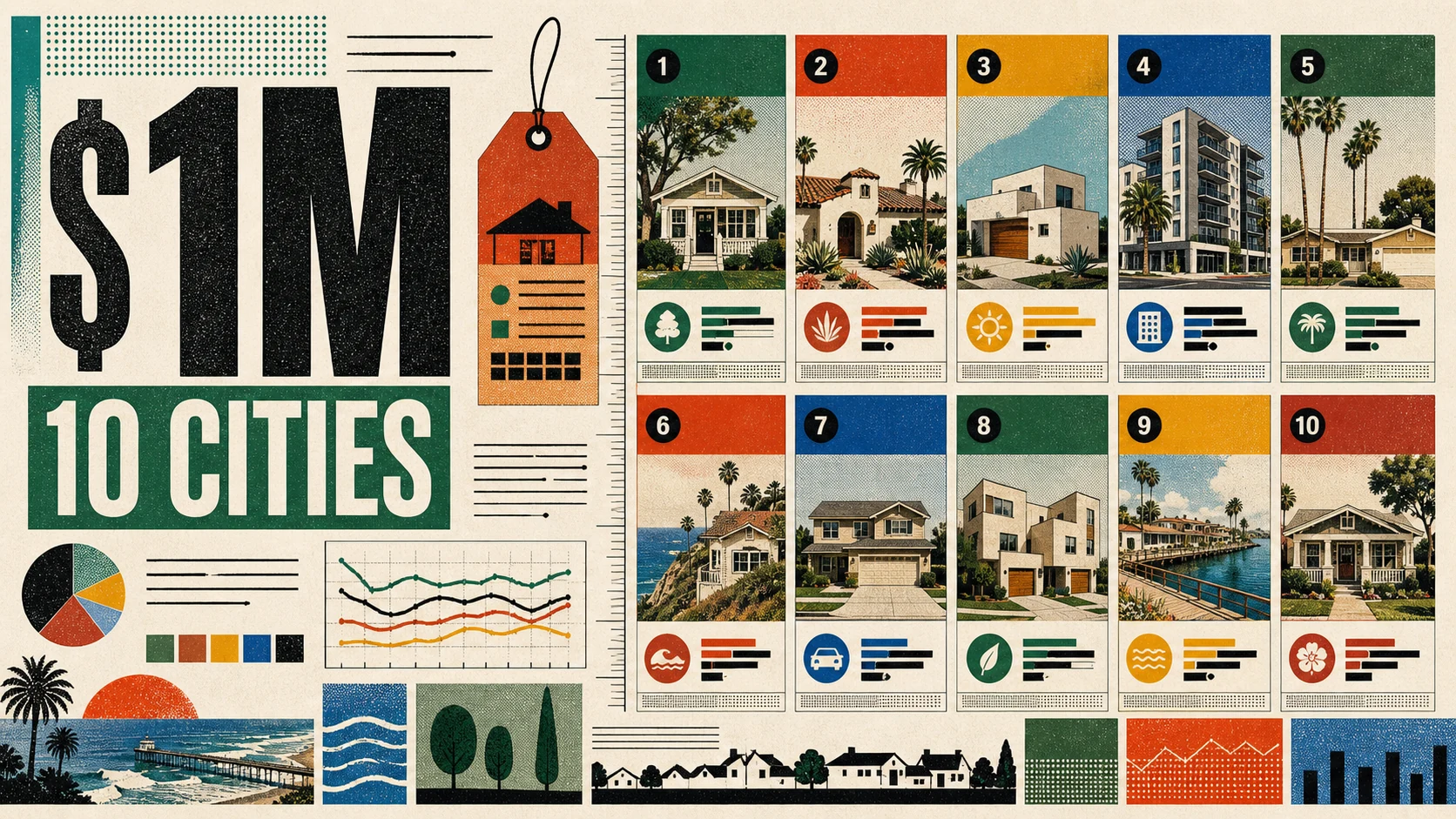 Editorial illustration of ten Orange County cities and the homes a one million dollar budget can buy in each.