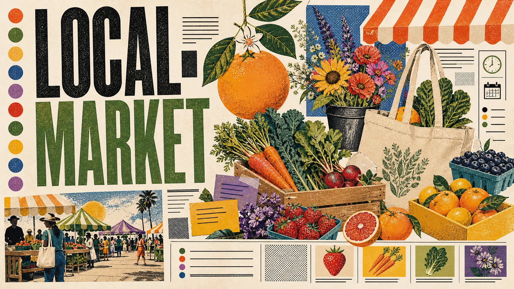 Editorial illustration of an Orange County farmers market with fresh produce, flowers, and shoppers under canopy tents.