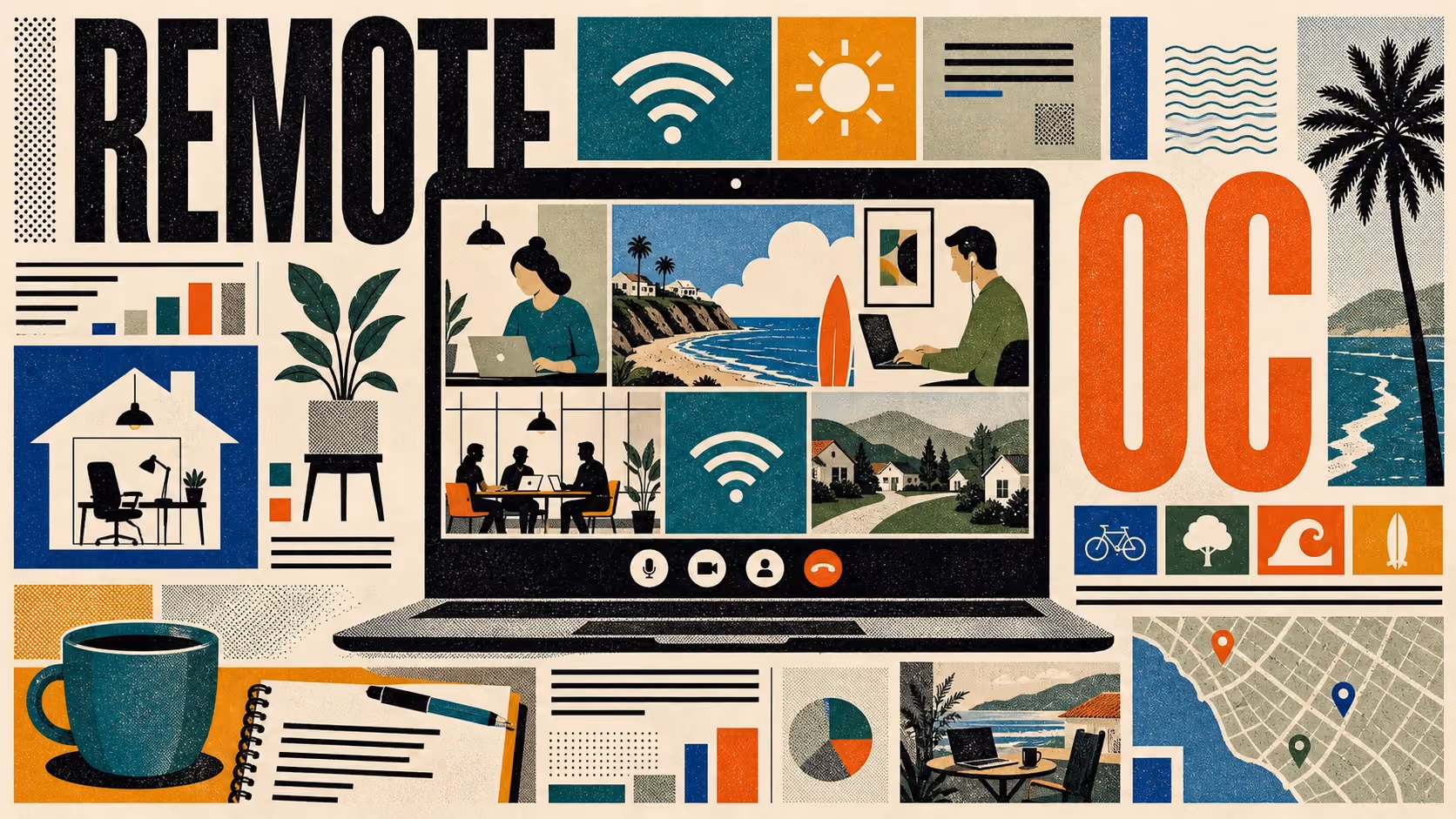 Editorial illustration of remote workers in Orange County at beach cafes, co-working spaces, and home offices with ocean views.