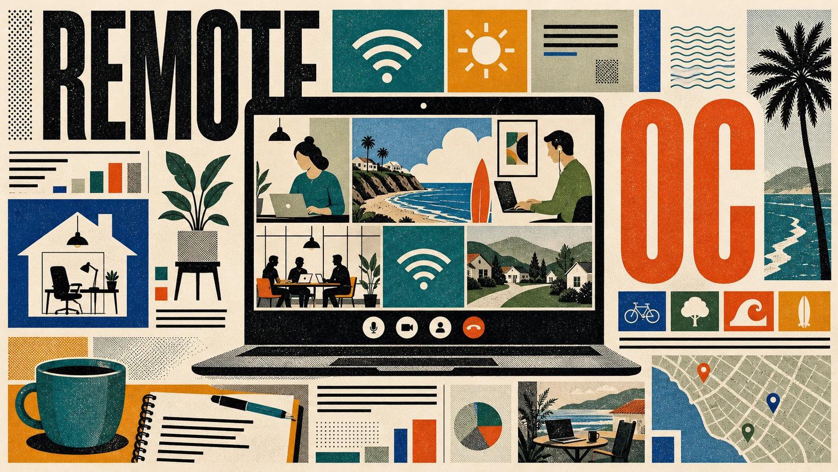 Editorial illustration of remote workers in Orange County at beach cafes, co-working spaces, and home offices with ocean views.