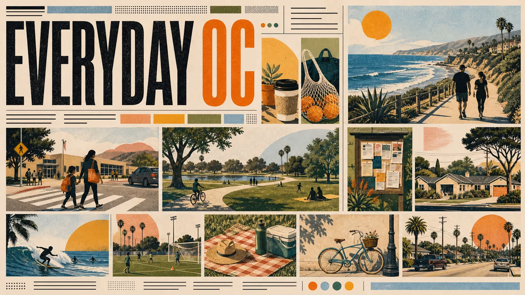 Editorial illustration of everyday Orange County life with beach mornings, palm trees, freeways, and suburban neighborhoods.