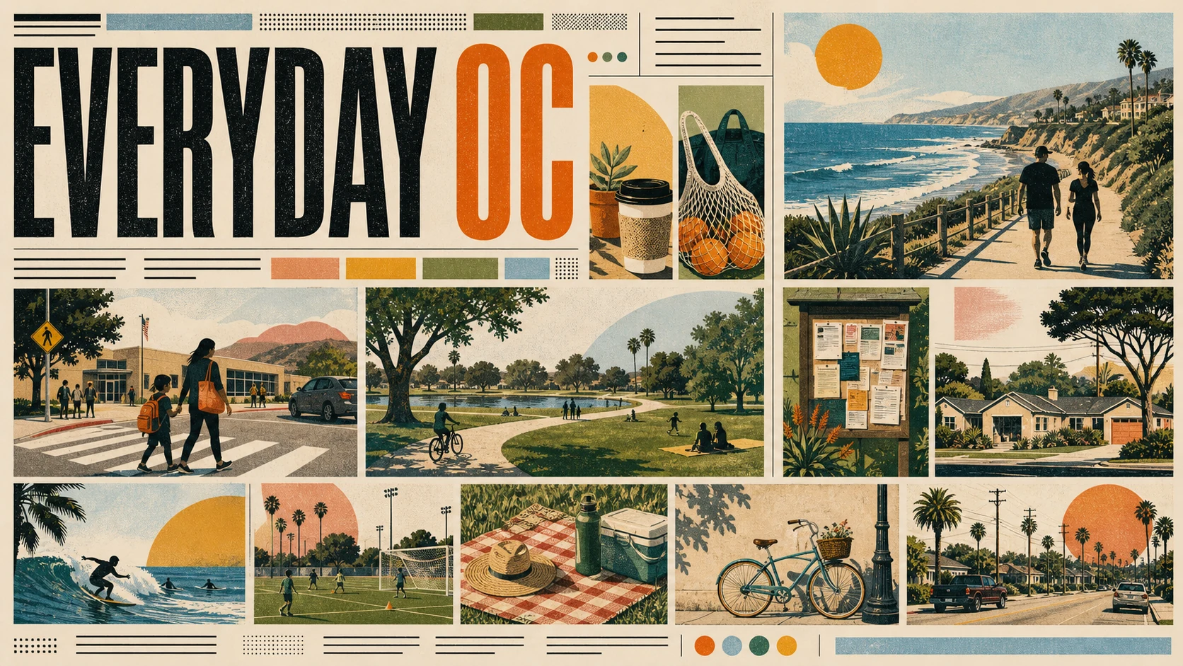 Editorial illustration of everyday Orange County life with beach mornings, palm trees, freeways, and suburban neighborhoods.