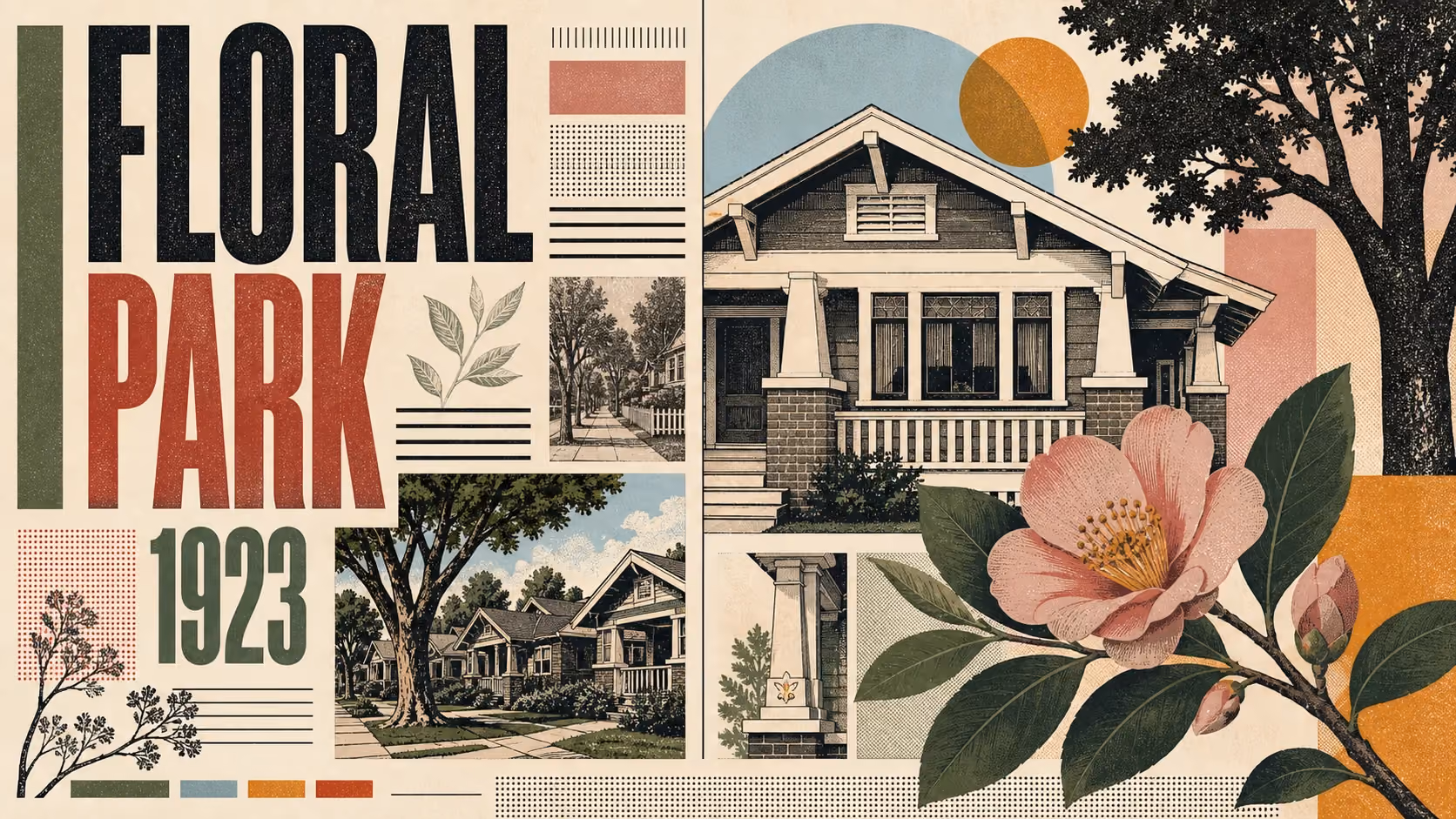Editorial illustration of Floral Park in Santa Ana, with 1920s Spanish Revival and Craftsman homes on tree-lined streets.