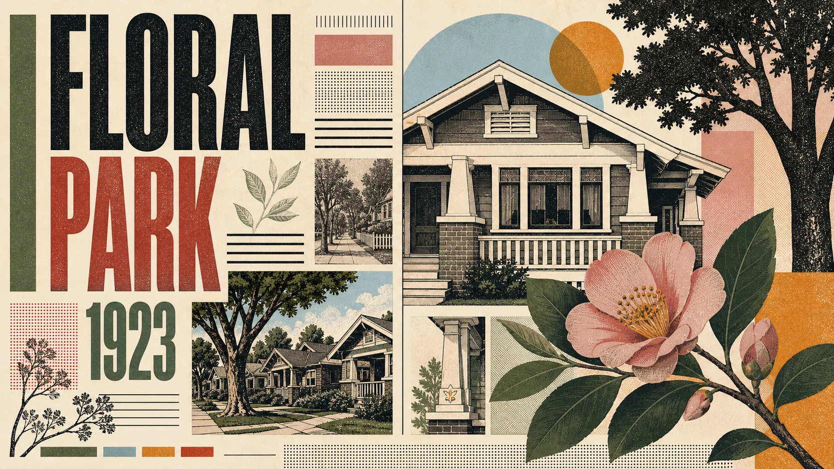 Editorial illustration of Floral Park in Santa Ana, with 1920s Spanish Revival and Craftsman homes on tree-lined streets.
