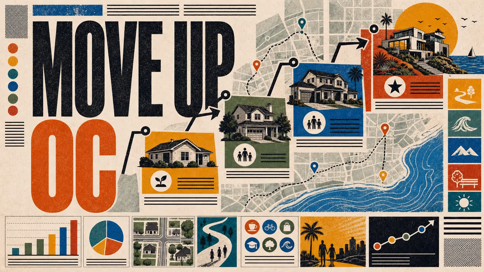 Editorial illustration of the Orange County neighborhood ladder showing apartments, starter homes, family homes, and coastal estates.