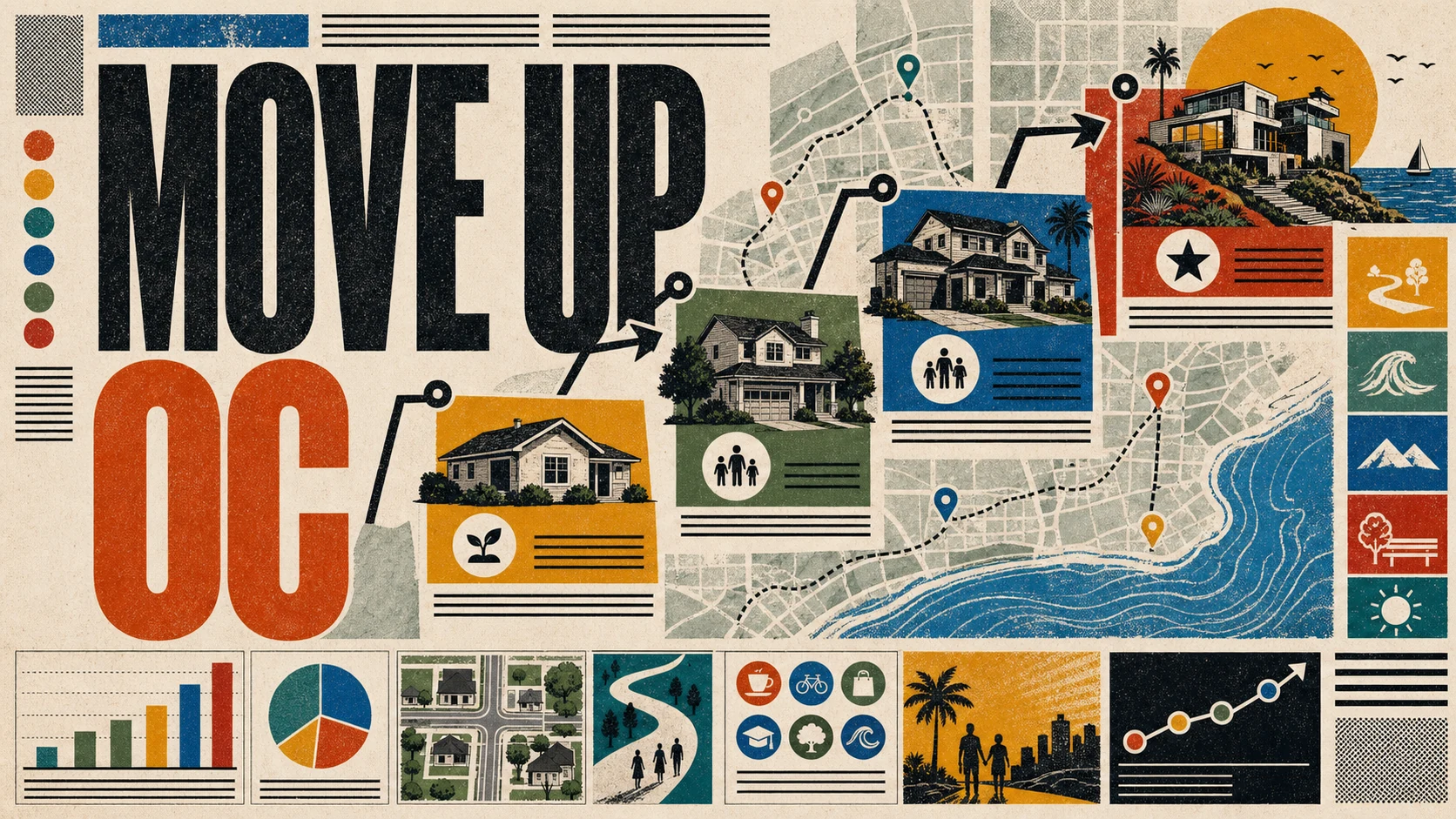 Editorial illustration of the Orange County neighborhood ladder showing apartments, starter homes, family homes, and coastal estates.