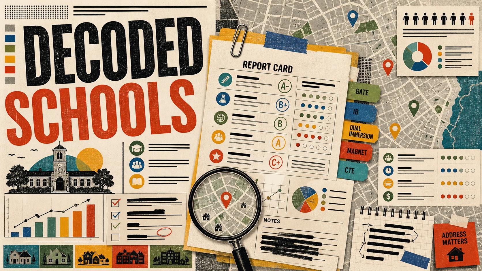 Editorial illustration of Orange County school districts with classroom scenes, school buses, and tree-lined suburban neighborhoods.