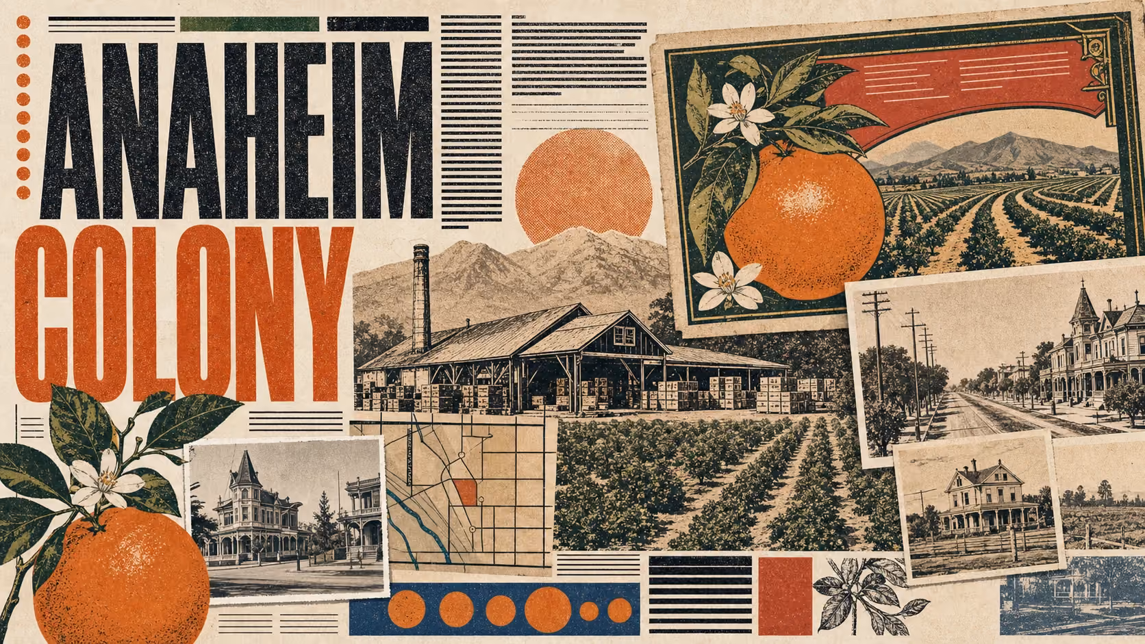 Editorial illustration of historic Anaheim Colony before Disneyland, with Victorian-era buildings, orange groves, and the original German settlers.