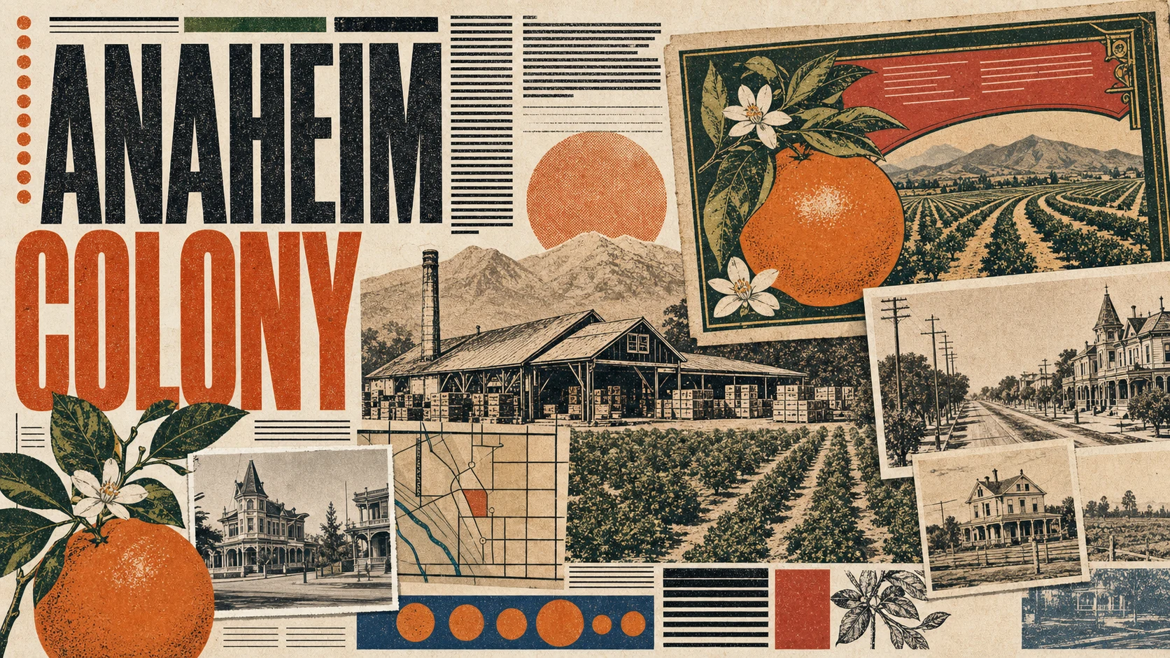 Editorial illustration of historic Anaheim Colony before Disneyland, with Victorian-era buildings, orange groves, and the original German settlers.