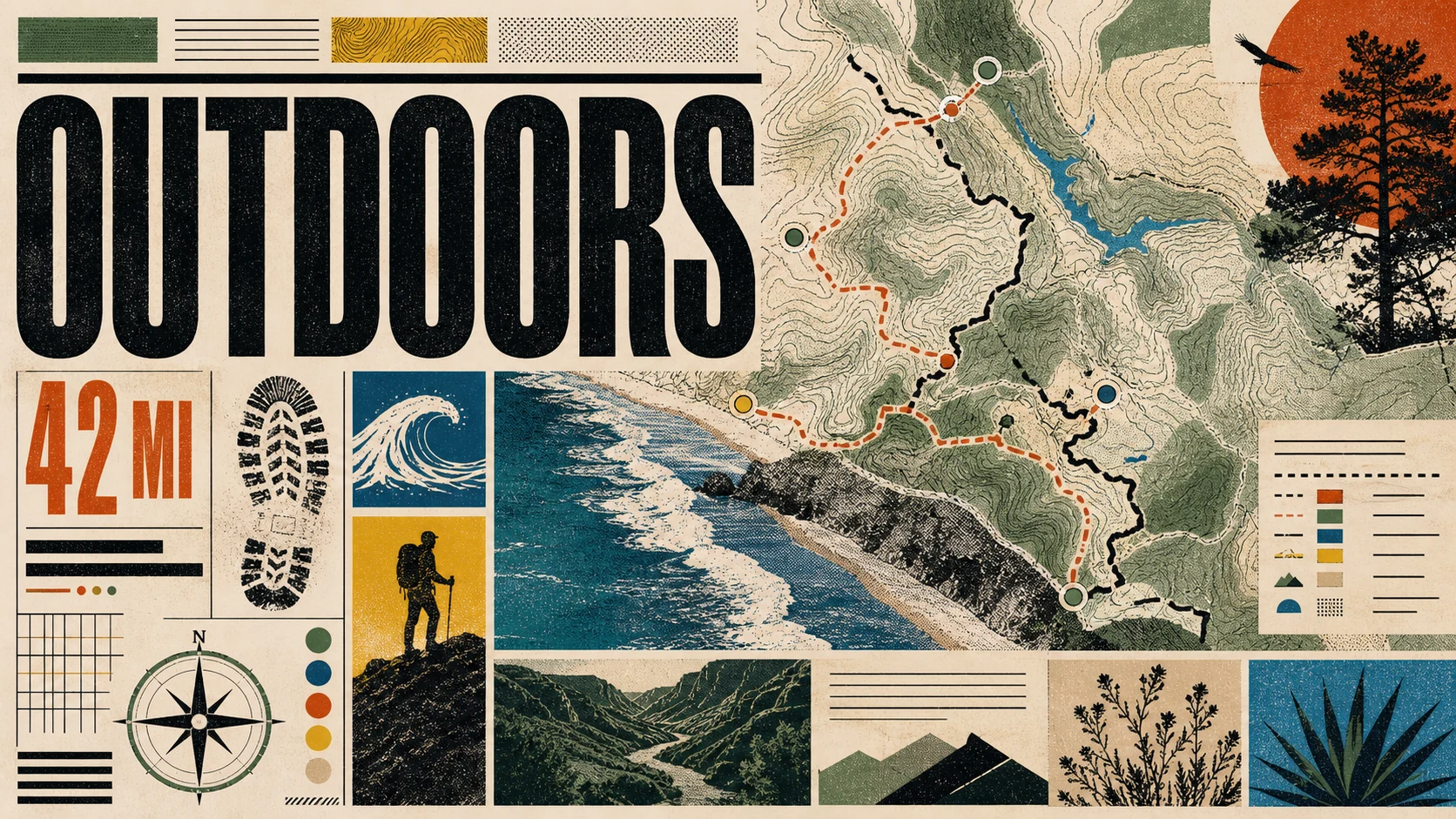 Editorial illustration of Orange County's outdoor scene with hiking trails, coastal bluffs, mountain bikers, and the Pacific coast.