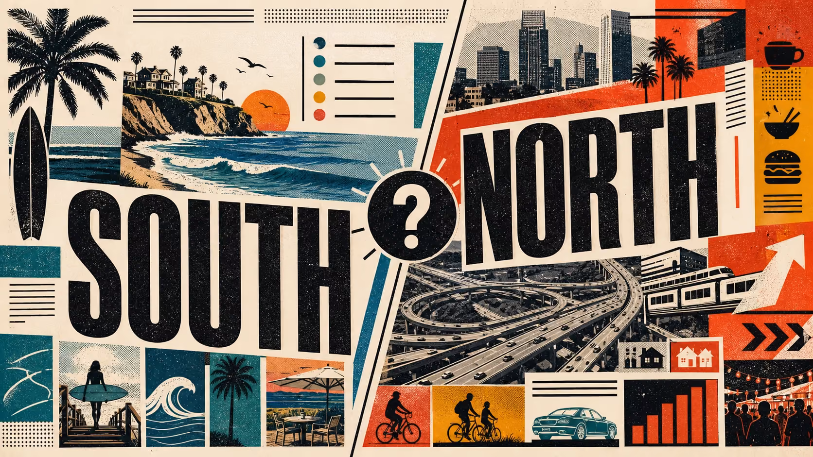 Editorial illustration contrasting South Orange County's coastal hills with North Orange County's denser urban core.