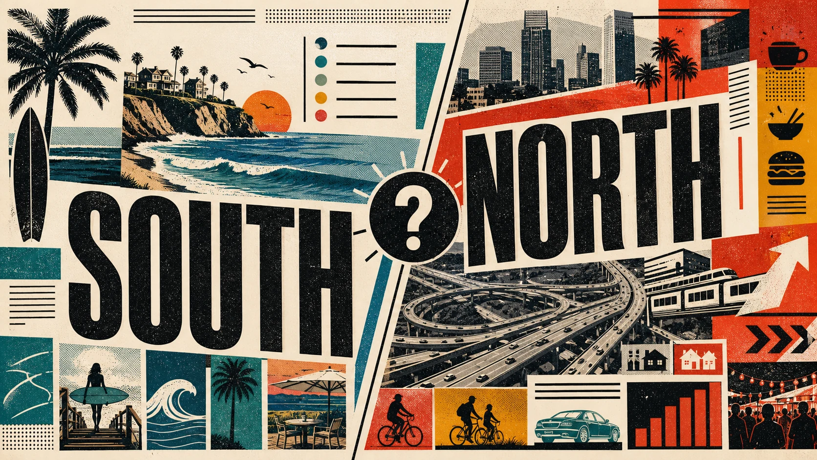 Editorial illustration contrasting South Orange County's coastal hills with North Orange County's denser urban core.