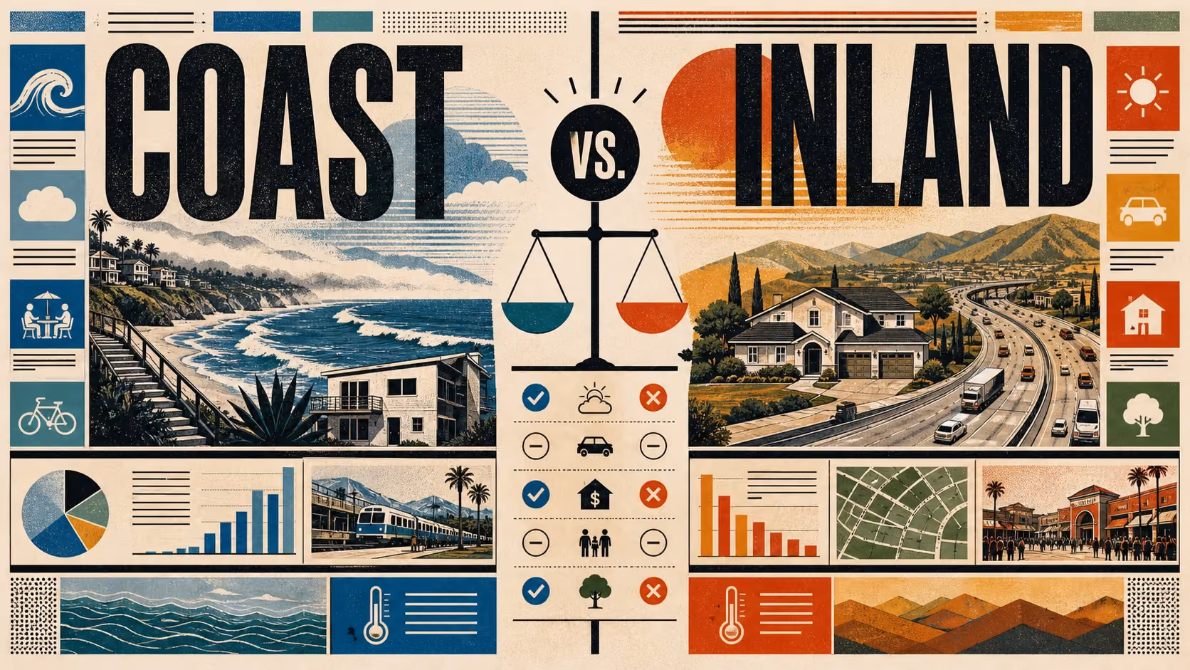 Editorial illustration comparing coastal Orange County's palm-lined beach towns with inland canyons and freeway suburbs.