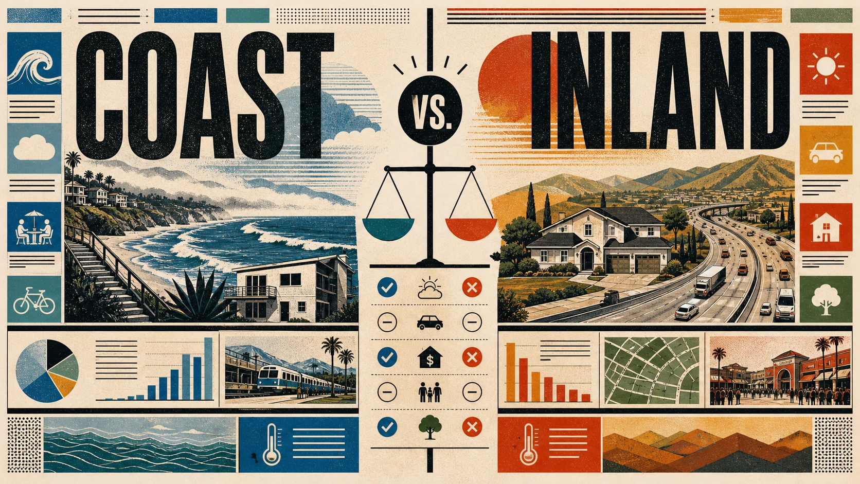 Editorial illustration comparing coastal Orange County's palm-lined beach towns with inland canyons and freeway suburbs.