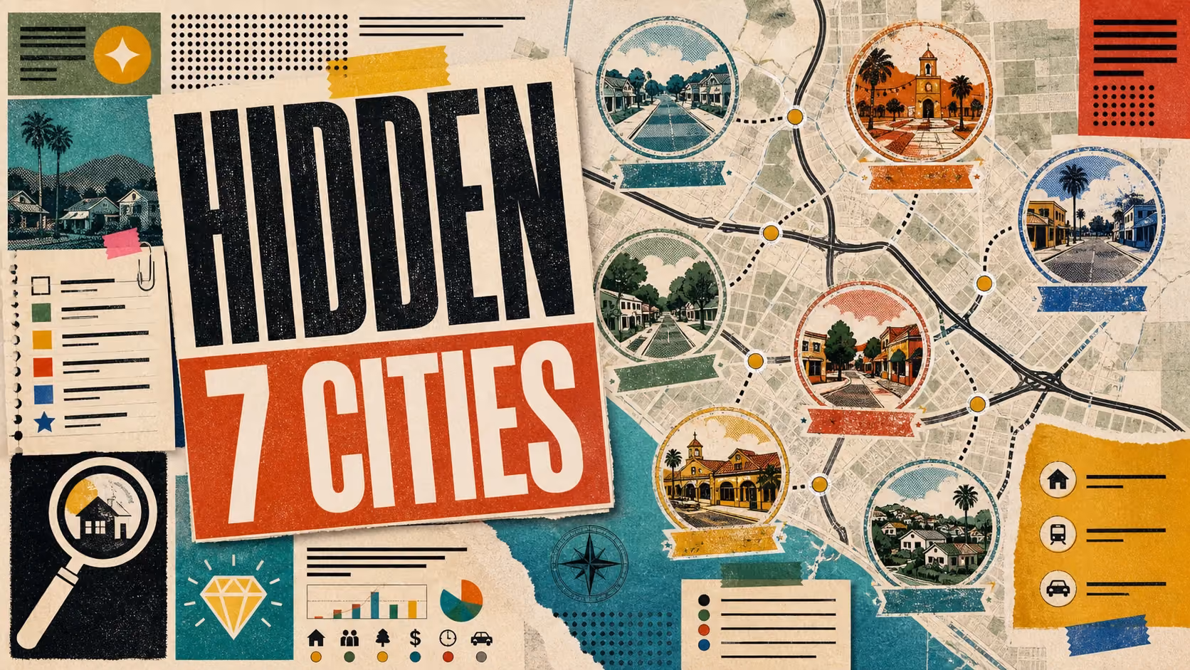 Editorial illustration of seven underrated Orange County cities with quiet downtowns, tree-lined streets, and local charm.