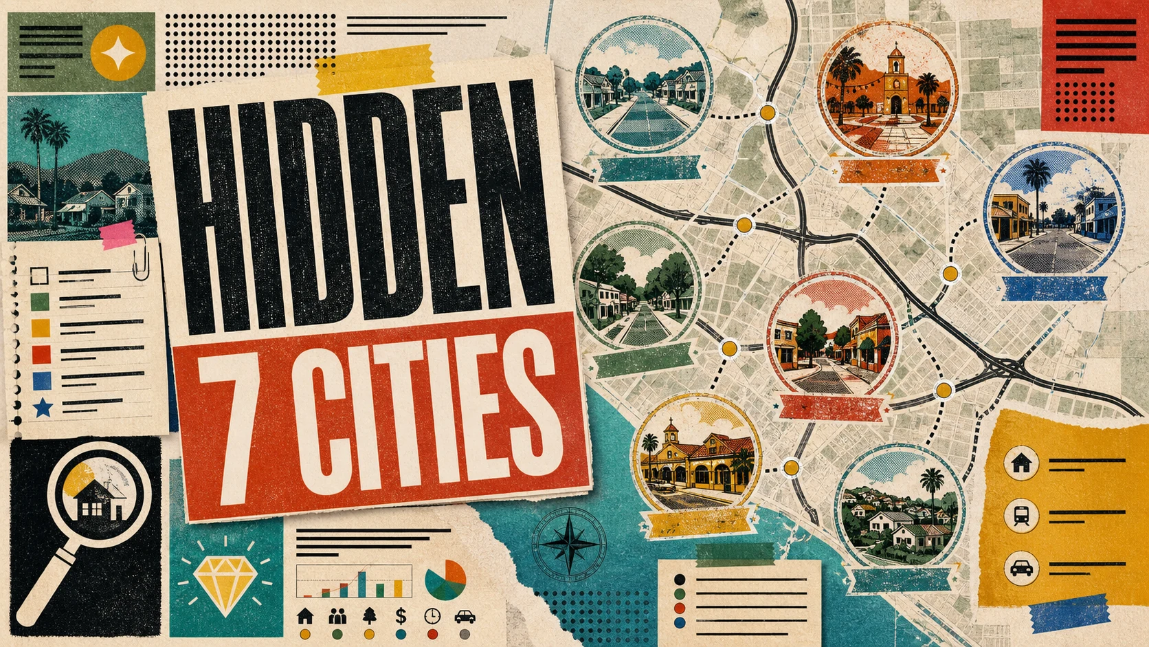 Editorial illustration of seven underrated Orange County cities with quiet downtowns, tree-lined streets, and local charm.