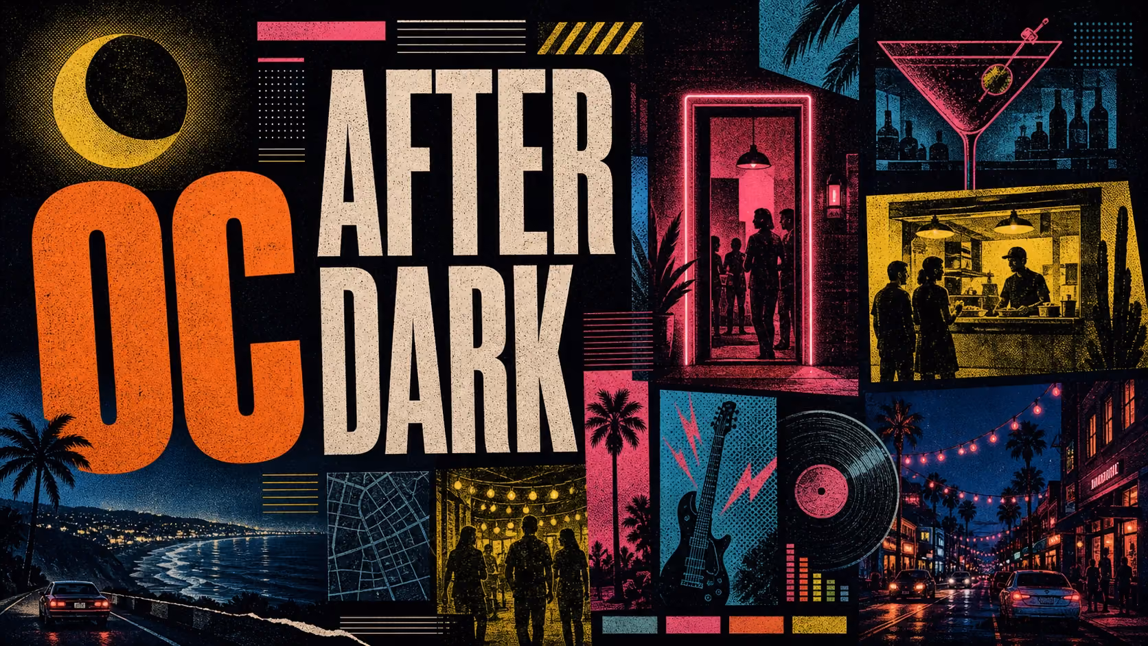 Editorial illustration of Orange County after dark, with rooftop bars, neon signage, live music venues, and city lights.