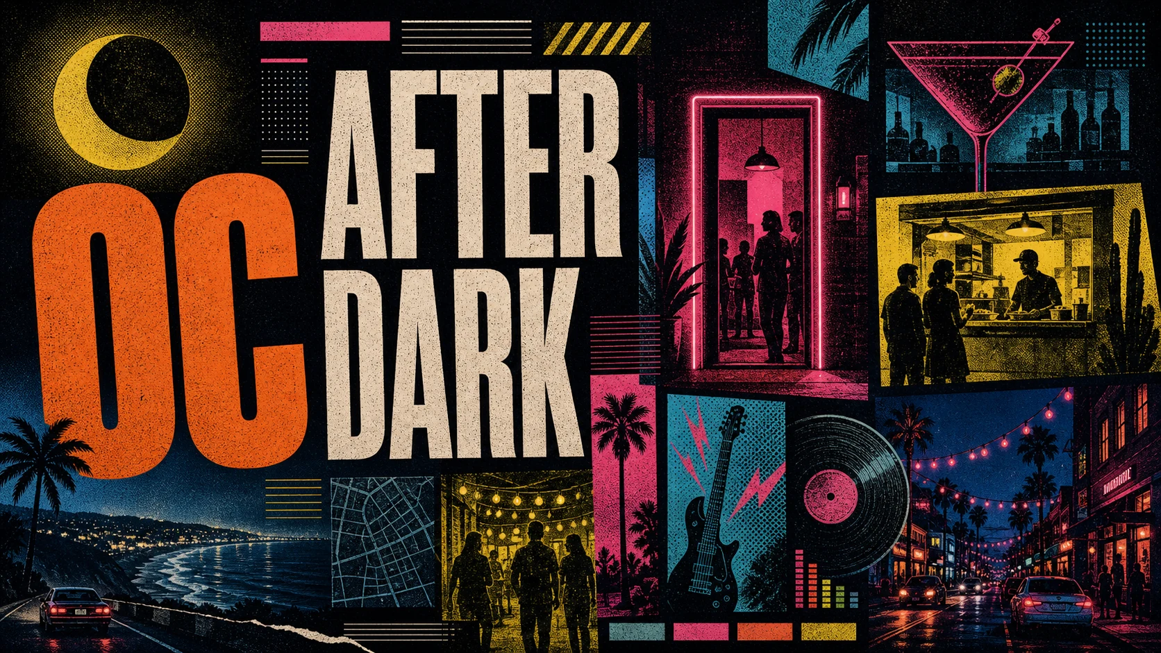 Editorial illustration of Orange County after dark, with rooftop bars, neon signage, live music venues, and city lights.