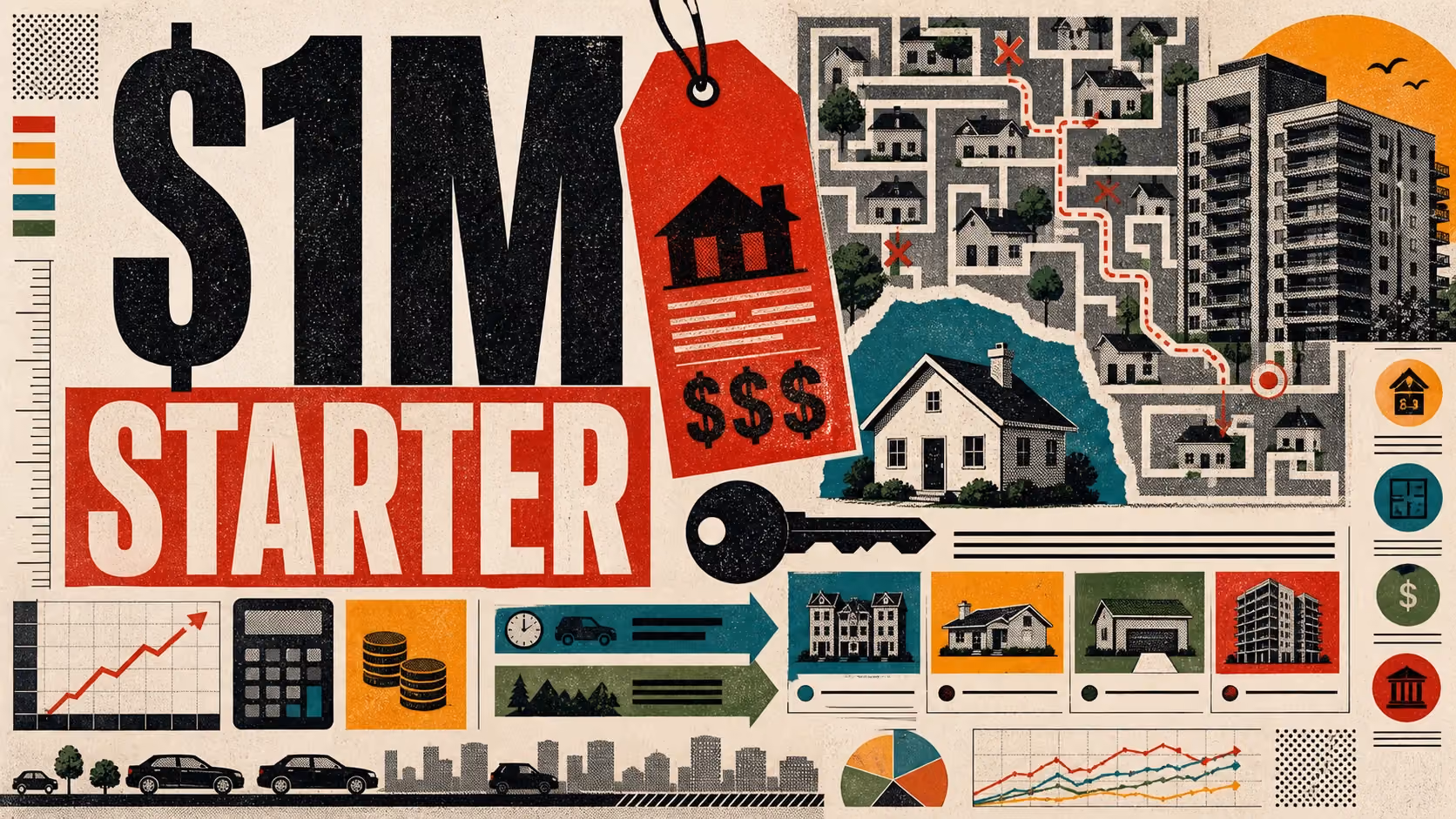 Editorial illustration of Orange County's starter home affordability challenge, with for-sale signs and modest single-family homes.
