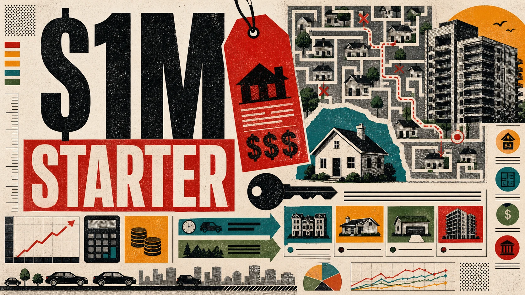 Editorial illustration of Orange County's starter home affordability challenge, with for-sale signs and modest single-family homes.