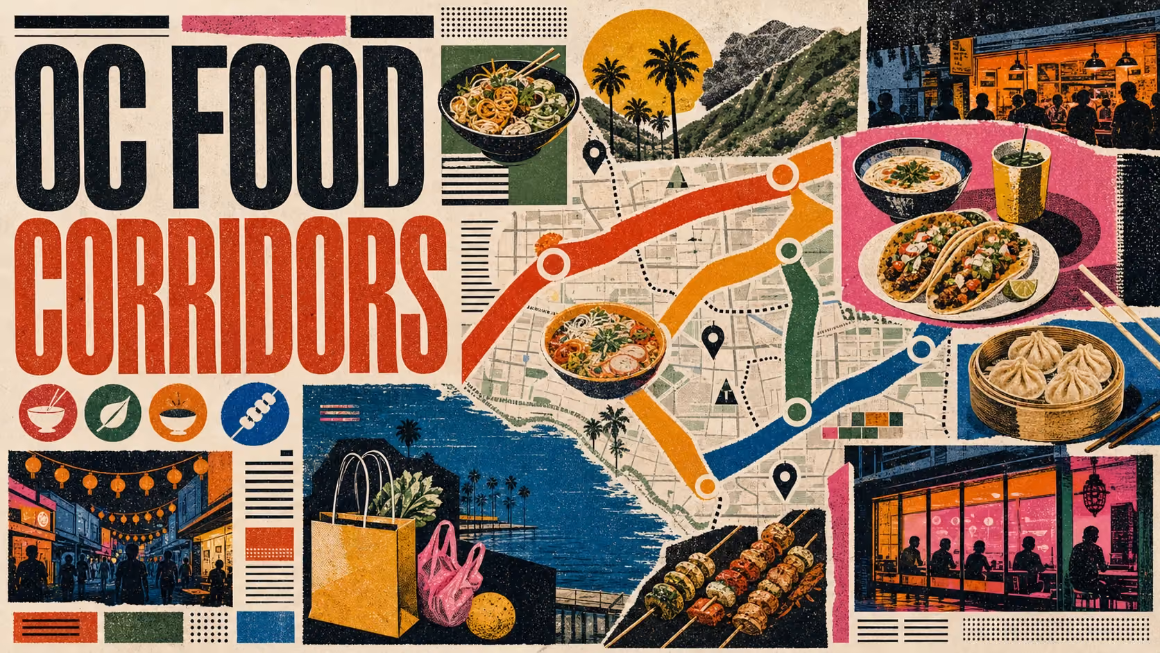 Editorial illustration of Orange County's dining scene with chefs, Vietnamese pho, taco trucks, and modern restaurant interiors.