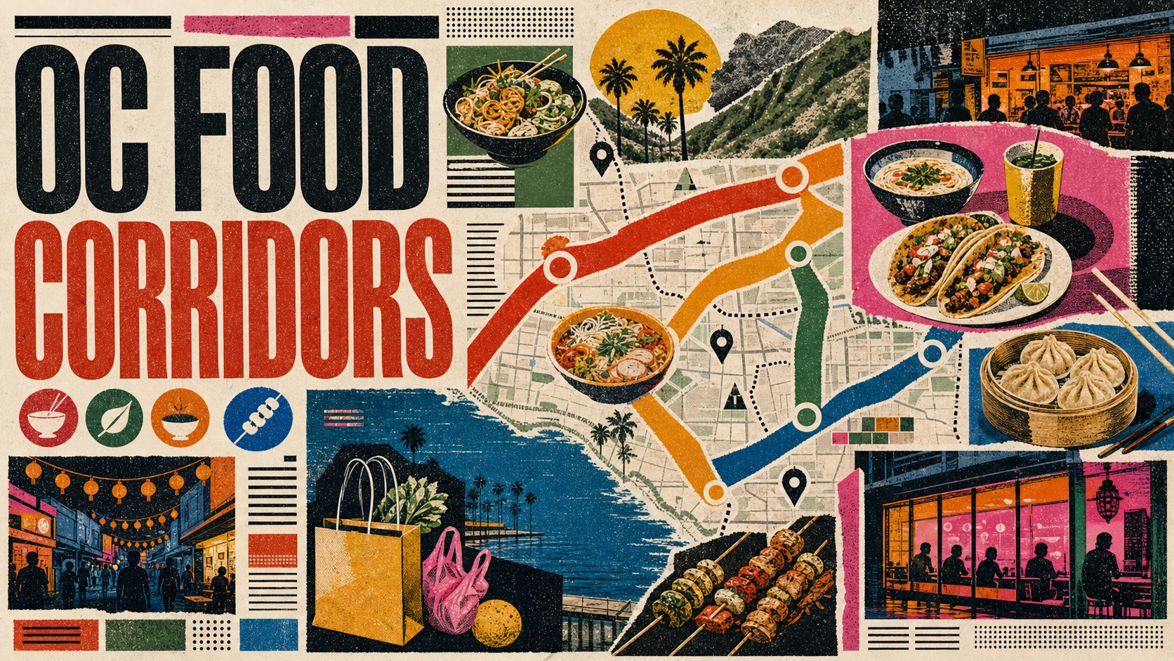 Editorial illustration of Orange County's dining scene with chefs, Vietnamese pho, taco trucks, and modern restaurant interiors.