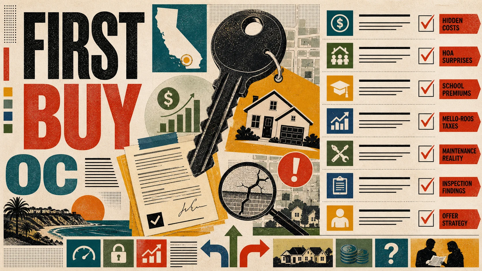 Editorial illustration of a first-time homebuyer in Orange County reviewing listings, keys in hand, in front of a suburban home.