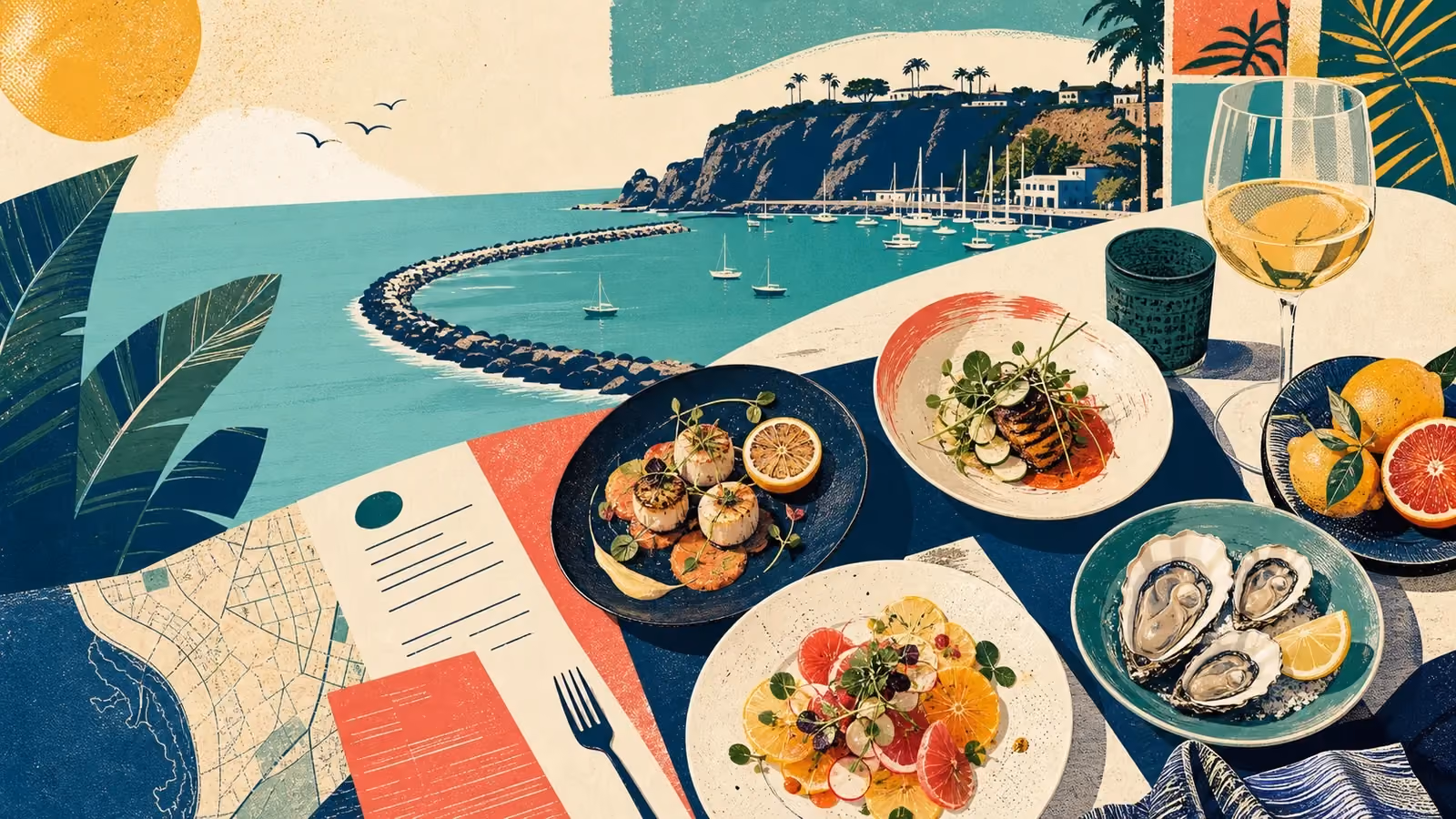 Editorial illustration of OC Restaurant Week in Dana Point, featuring harbor-side dining, prix-fixe restaurant menus, and Orange County coastal cuisine.