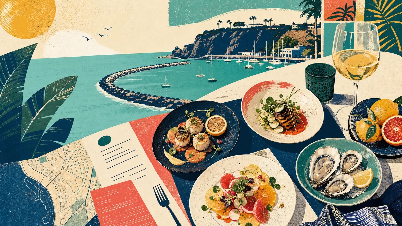 Editorial illustration of OC Restaurant Week in Dana Point, featuring harbor-side dining, prix-fixe restaurant menus, and Orange County coastal cuisine.