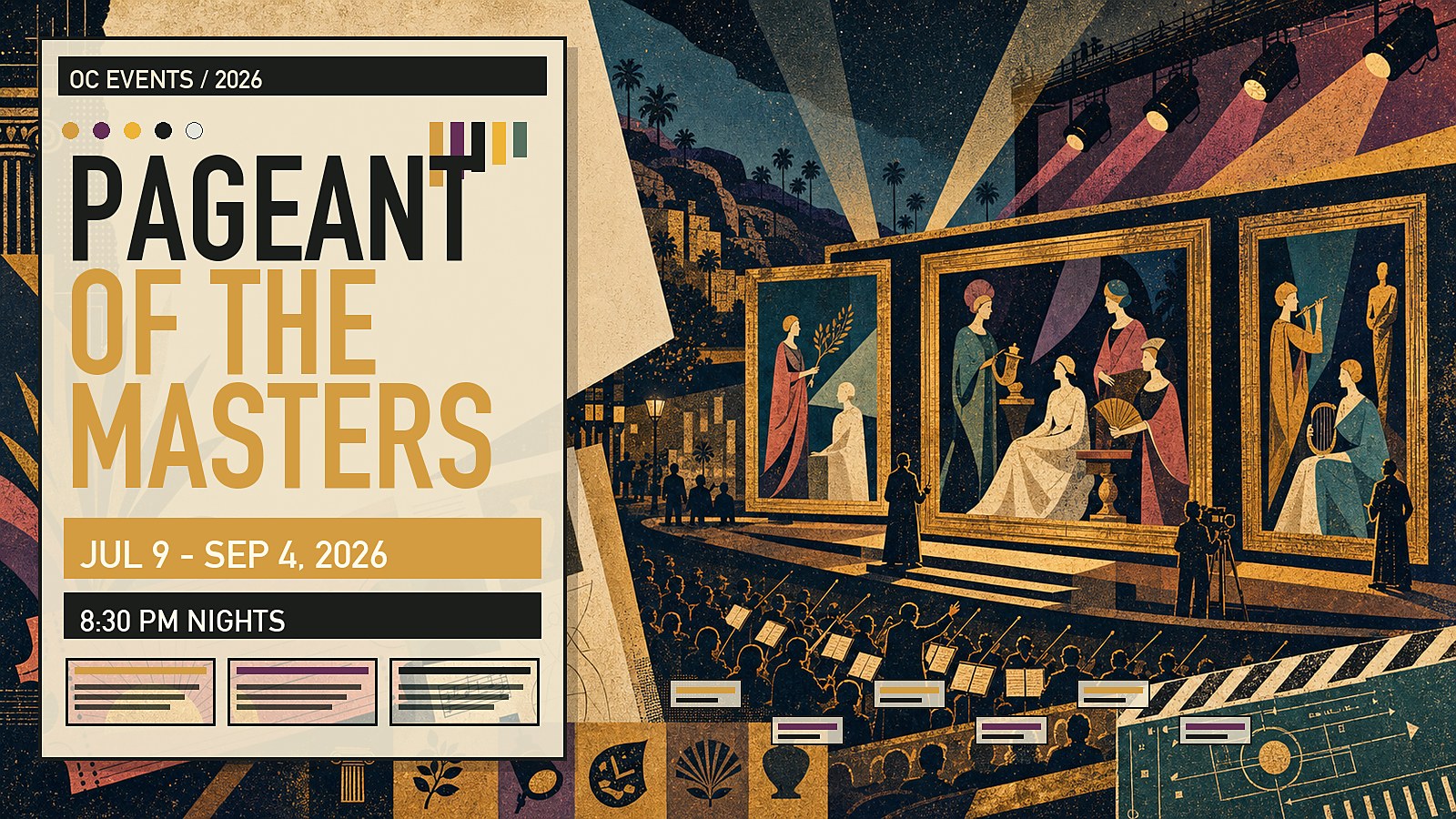 Editorial illustration of Pageant of the Masters at the Irvine Bowl in Laguna Beach, featuring living tableaux vivants recreating classical artworks under stage lighting.