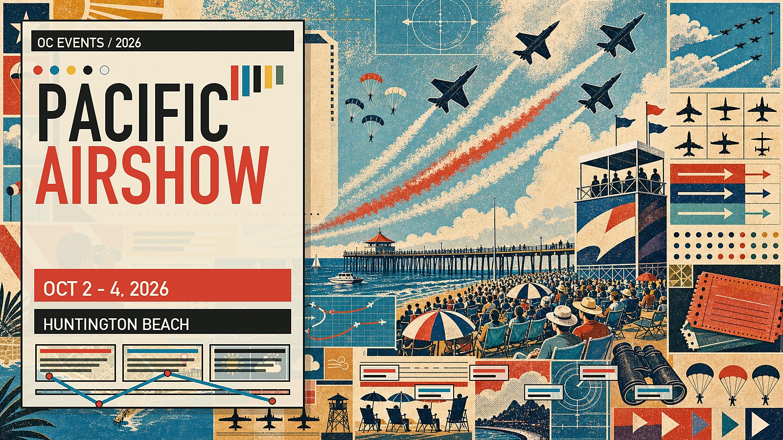 Editorial illustration of the Pacific Airshow over the Huntington Beach waterfront, with the U.S. Air Force Thunderbirds and Canadian Forces Snowbirds performing over the pier.