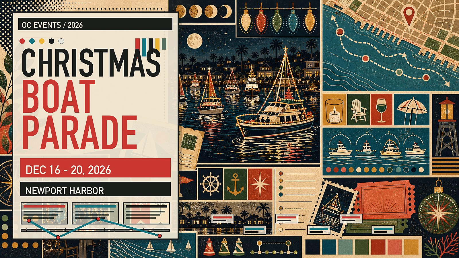Editorial illustration of the Newport Beach Christmas Boat Parade, with decorated yachts and sailboats moving through Newport Harbor at night.