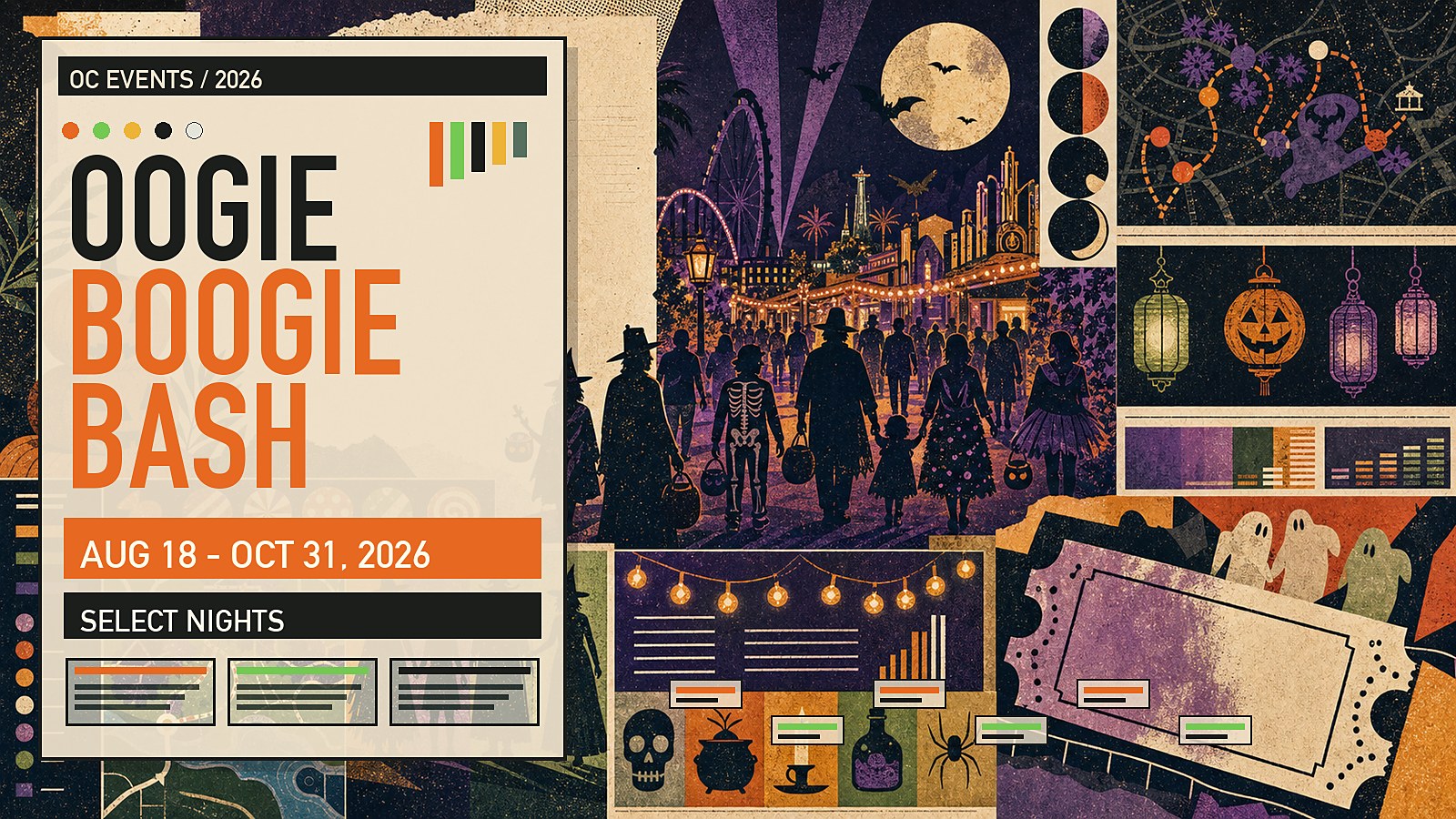 Editorial illustration of Disneyland Resort's Oogie Boogie Bash Halloween party at Disney California Adventure, with costumed villains, trick-or-treat trails, and party-night lighting.