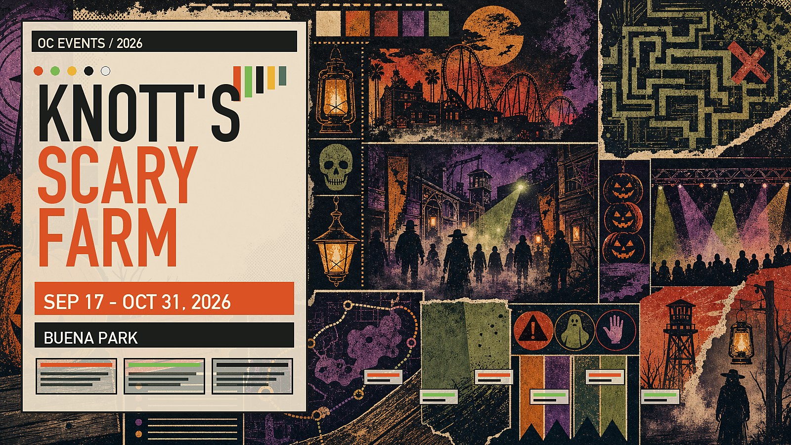 Editorial illustration of Knott's Scary Farm after-dark Halloween haunt at Knott's Berry Farm in Buena Park, with mazes, scare zones, and horror-park atmosphere.
