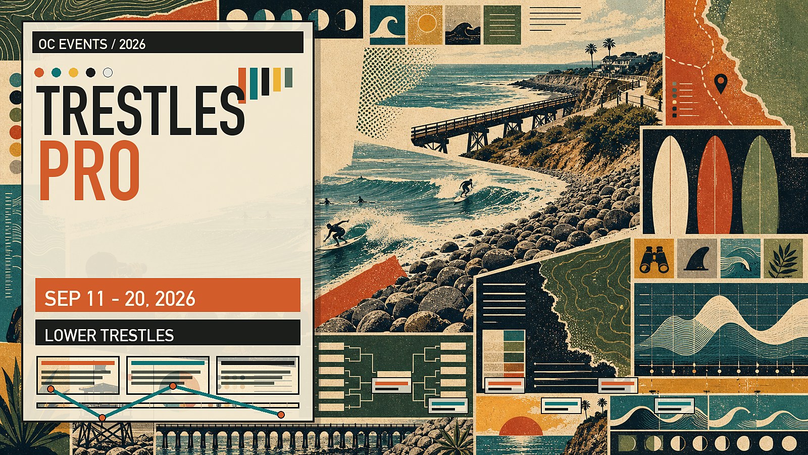 Editorial illustration of the Lexus Trestles Pro World Surf League Championship Tour event at Lower Trestles in San Clemente, with pro surfers riding the point break.