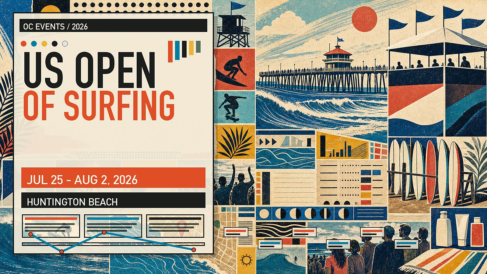 Editorial illustration of the US Open of Surfing at Huntington Beach Pier, featuring WSL Challenger Series and World Longboard Tour athletes riding waves on the pier's south side.