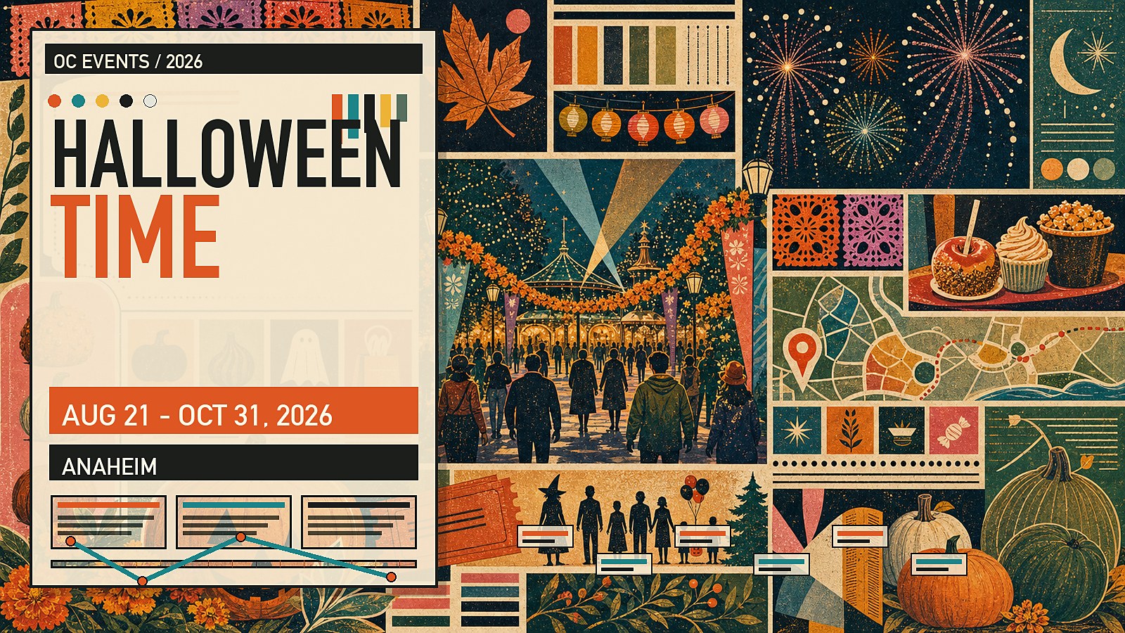 Editorial illustration of Halloween Time at the Disneyland Resort, featuring the seasonal Main Street pumpkin, Haunted Mansion Holiday overlay, and autumn park decor.