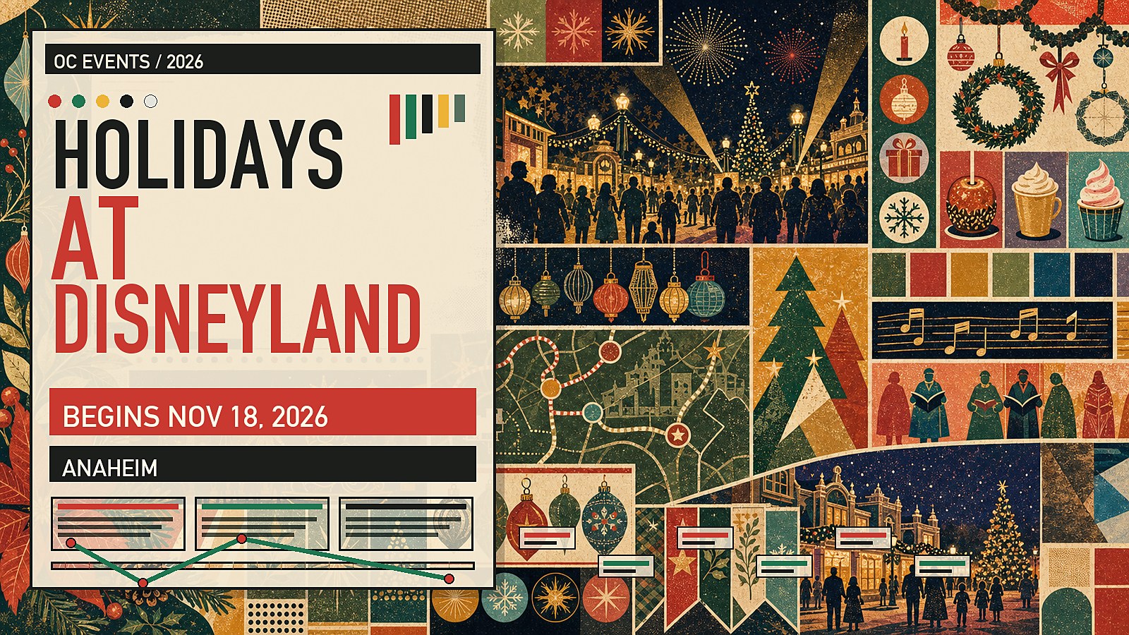 Editorial illustration of Holidays at the Disneyland Resort, featuring Sleeping Beauty Castle in winter lights, A Christmas Fantasy Parade, and holiday decor across both parks.