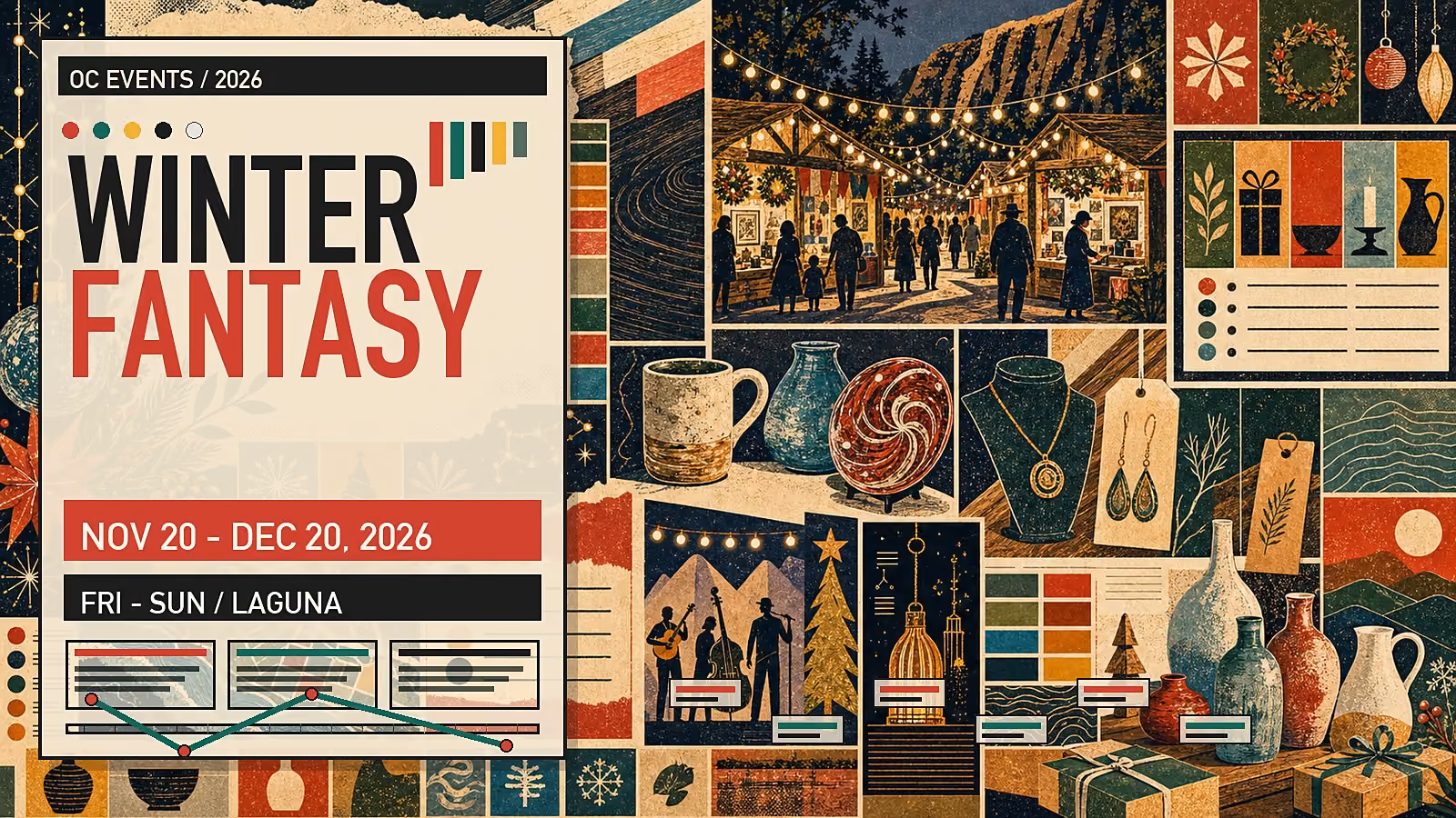 Editorial illustration of Sawdust Winter Fantasy in Laguna Canyon, with handcrafted artist booths, string lights, holiday shoppers, and canyon-village atmosphere.