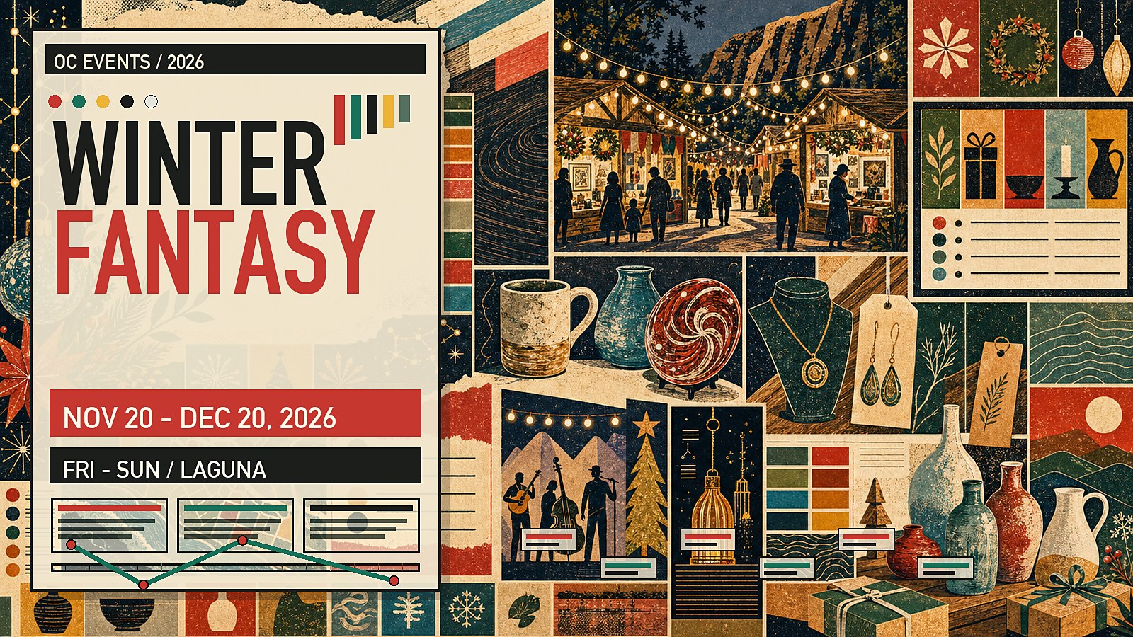Editorial illustration of Sawdust Winter Fantasy in Laguna Canyon, with handcrafted artist booths, string lights, holiday shoppers, and canyon-village atmosphere.