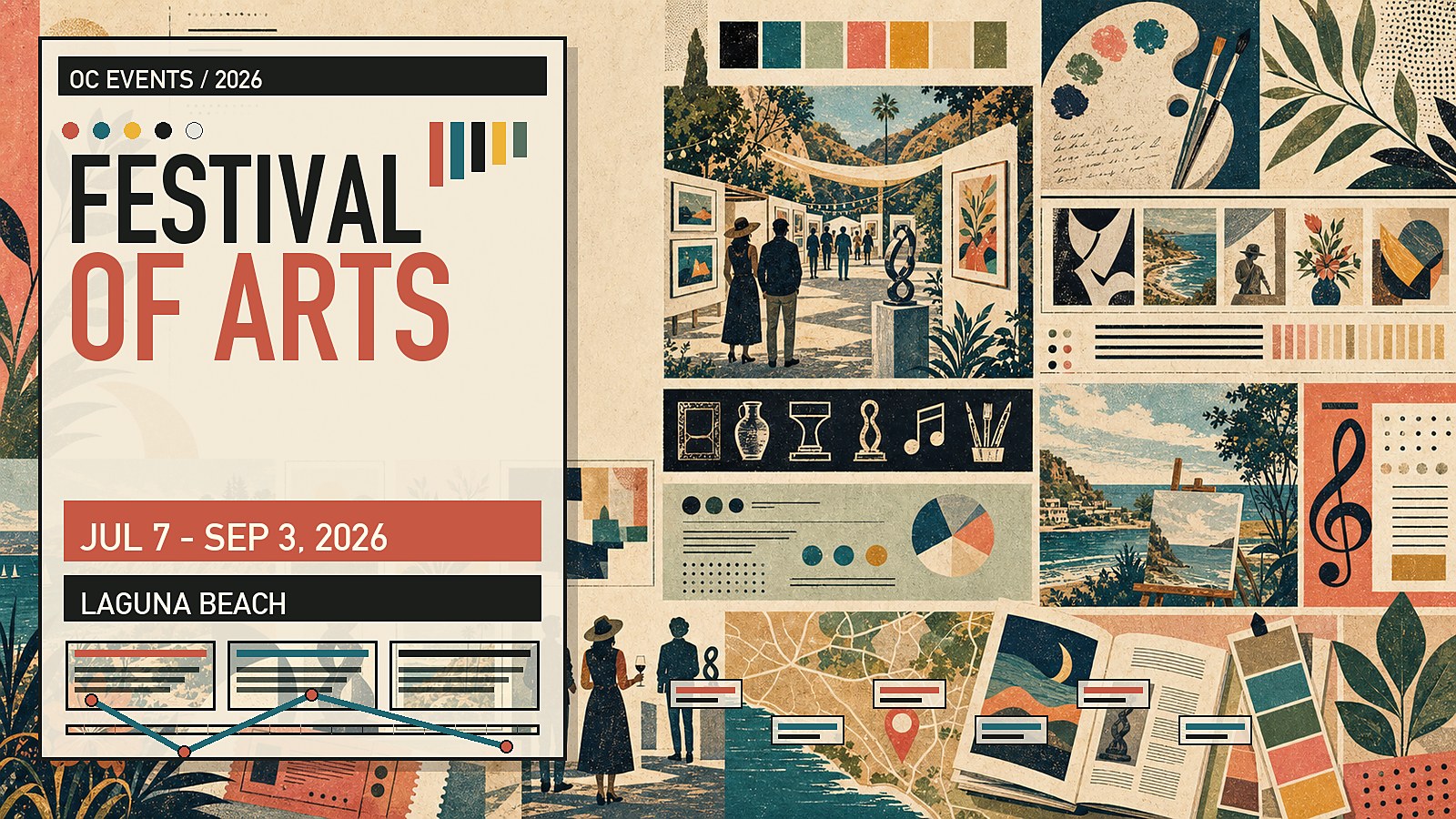 Editorial illustration of the Festival of Arts Fine Art Show at the Irvine Bowl in Laguna Beach, with juried Orange County artist paintings, sculptures, and gallery browsing.