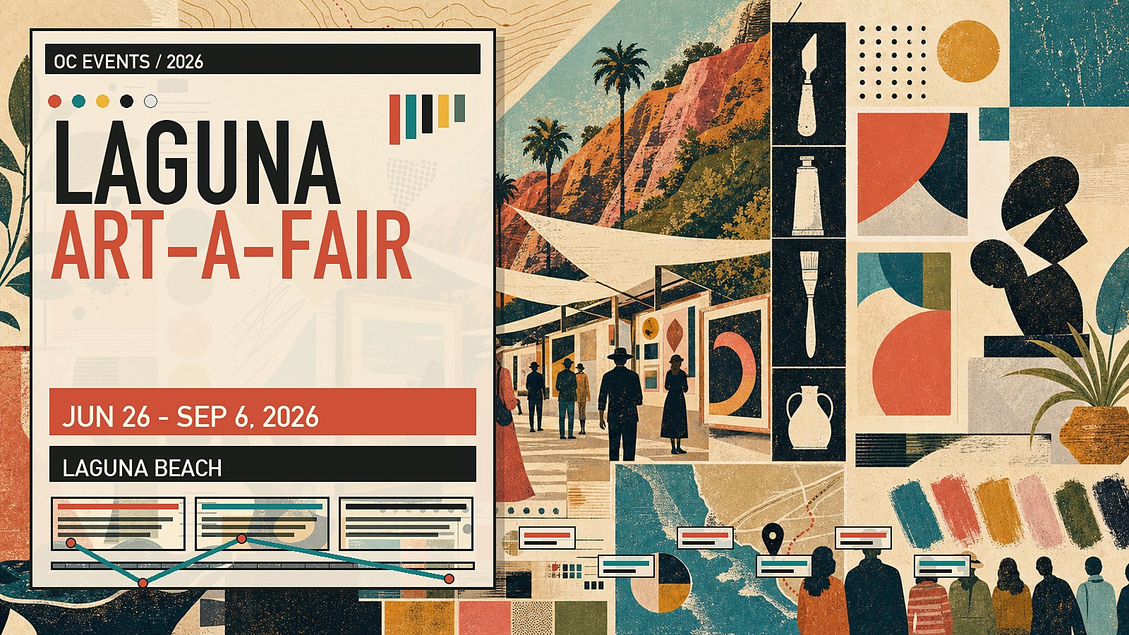 Editorial illustration of Laguna Art-A-Fair on Laguna Canyon Road, featuring international juried artists, garden seating, and the summer festival atmosphere.