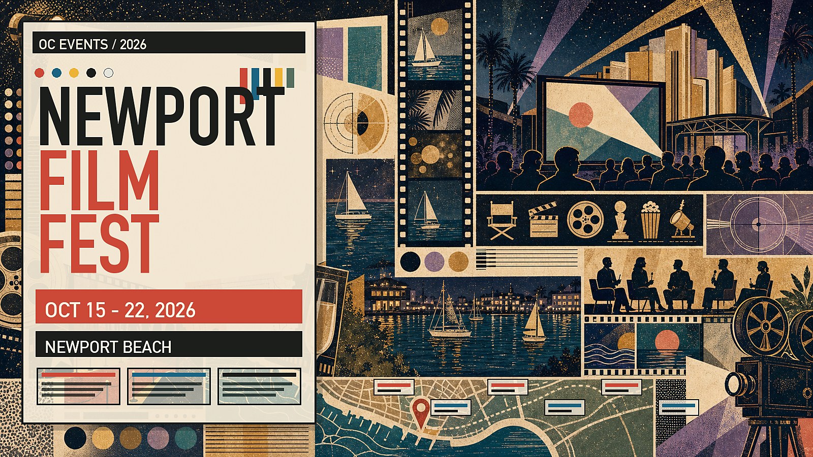 Editorial illustration of the Newport Beach Film Festival, with a marquee, red-carpet arrivals, and screenings across multiple Newport Beach venues.