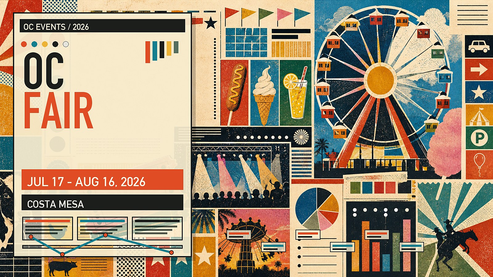 Editorial illustration of the OC Fair at the Costa Mesa fairgrounds with carnival rides, food vendors, livestock exhibits, and Pacific Amphitheatre concerts.